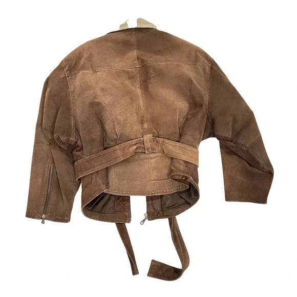 OutBrook Vintage Brown Suede Leather Bomber Jacket Faux Fur Collar Women Large - Picture 2 of 9